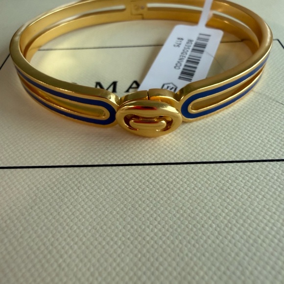 Gold Enamel Double-Band Bangle Bracelet - Blue Trim Laguna - Picture 2 of 2